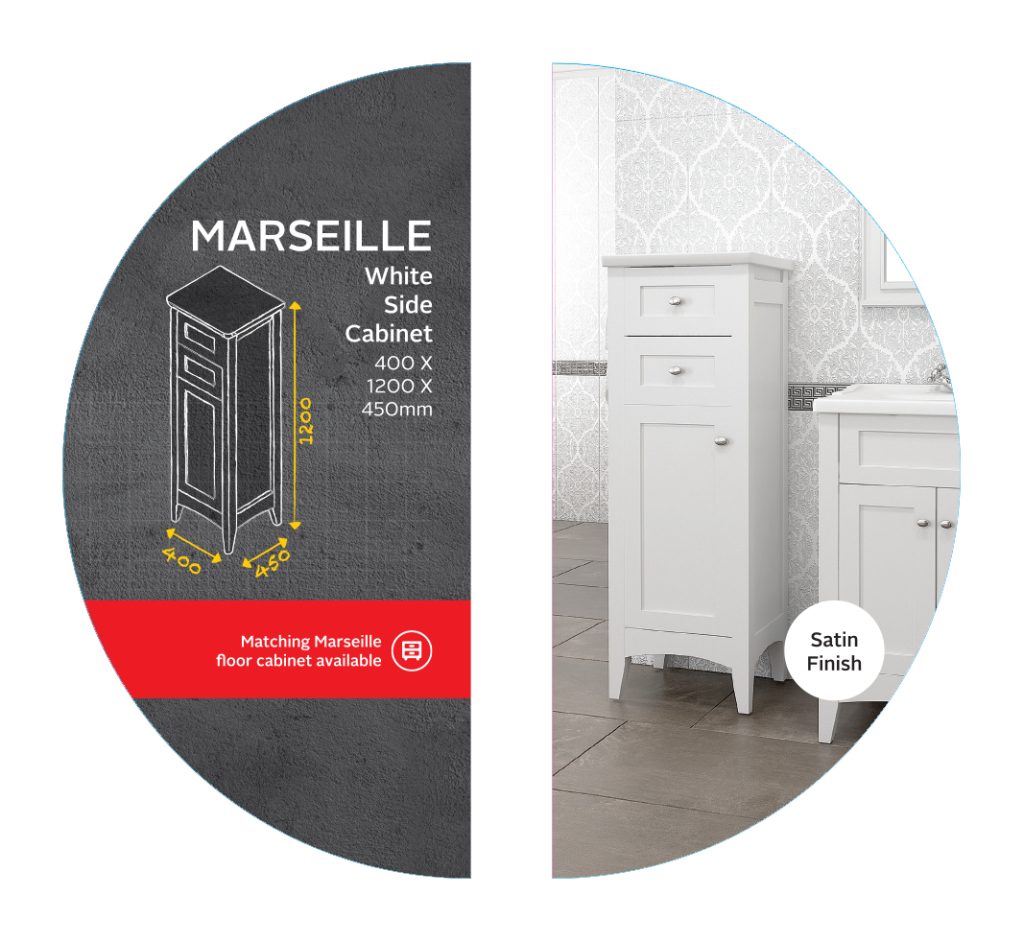 Marseille Satin White Side Cabinet - 400 x 1200 x 450mm