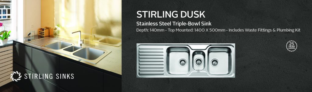 Stirling Dusk Stainless Steel Triple-Bowl Sink - 1400 x 500 x 140mm
