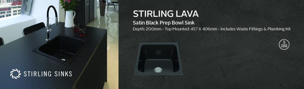Stirling Lava Satin Black Prep Bowl Sink - 457 x 406 x 200mm