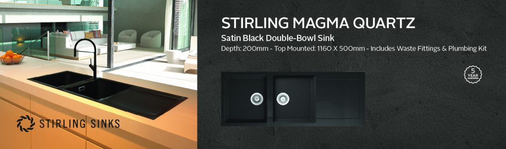 Stirling Magma Quarts Satin Black Double-Bowl Sink 1160 x 500 x 200mm
