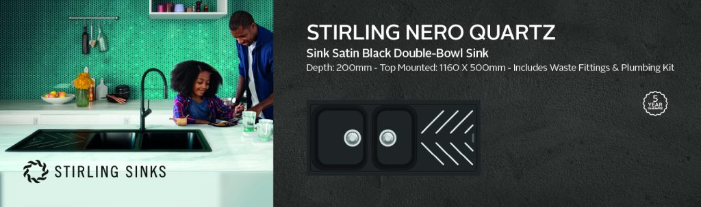 Stirling Nero Quartz Sink Satin Black Double-Bowl Sink - 1160 x 500 x 200mm