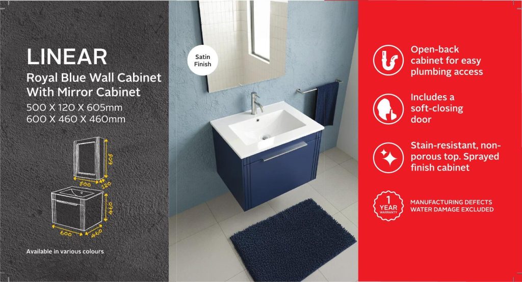 AFBLULINEAR002 — Linear Royal Blue Wall-Hung Cabinet with Mirror Cabinet