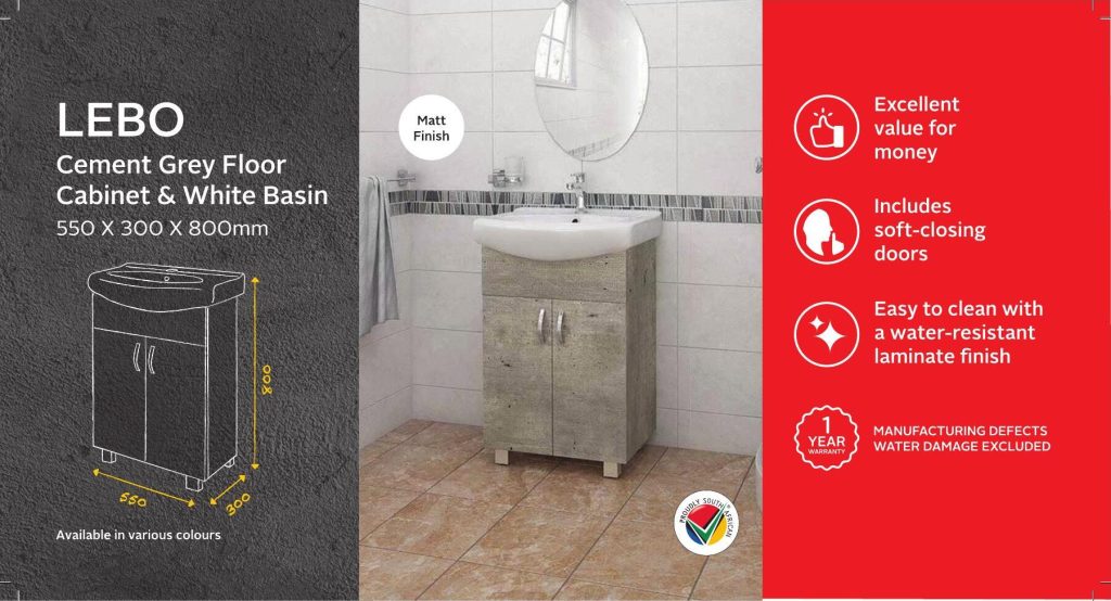 BSCBLEB550CCG — Lebo Cement Grey Floor Cabinet & White Basin