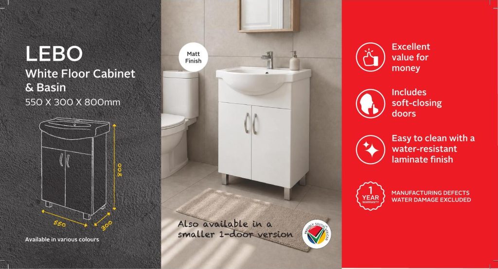 BSCBLEB550CW — Lebo White Floor Cabinet & Basin, 550 x 300 x 800mm