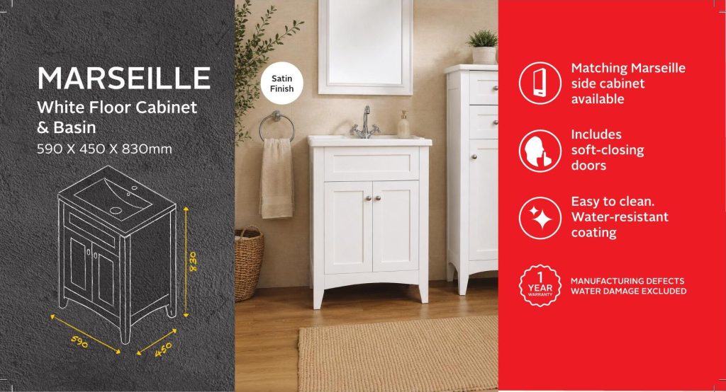 BSCBMAR600CW — Marseille White Floor Cabinet & Basin