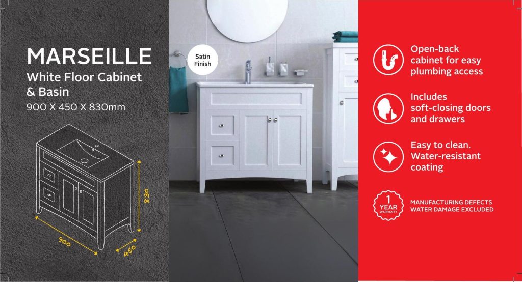 BSCBMAR900CW — Marseille White Floor Cabinet & Basin