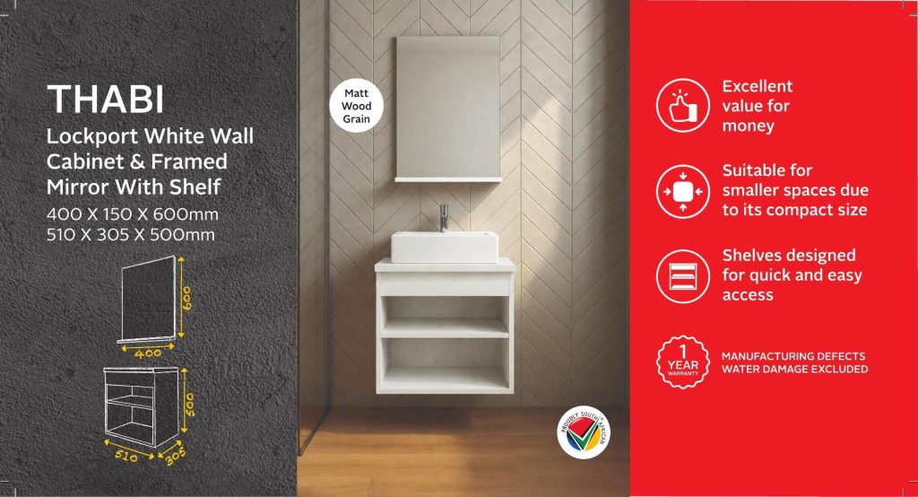 BSCBTHAL500WC — Thabi Lockport White Wall Cabinet & Framed Mirror with Shelf