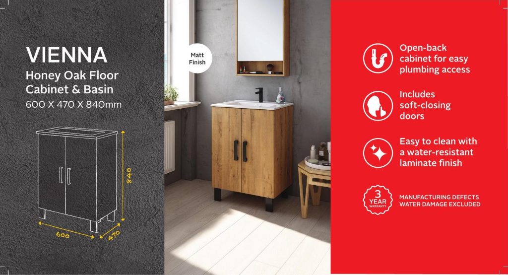 BSCBVIE600CO — Vienna Honey Oak Floor Cabinet & Basin