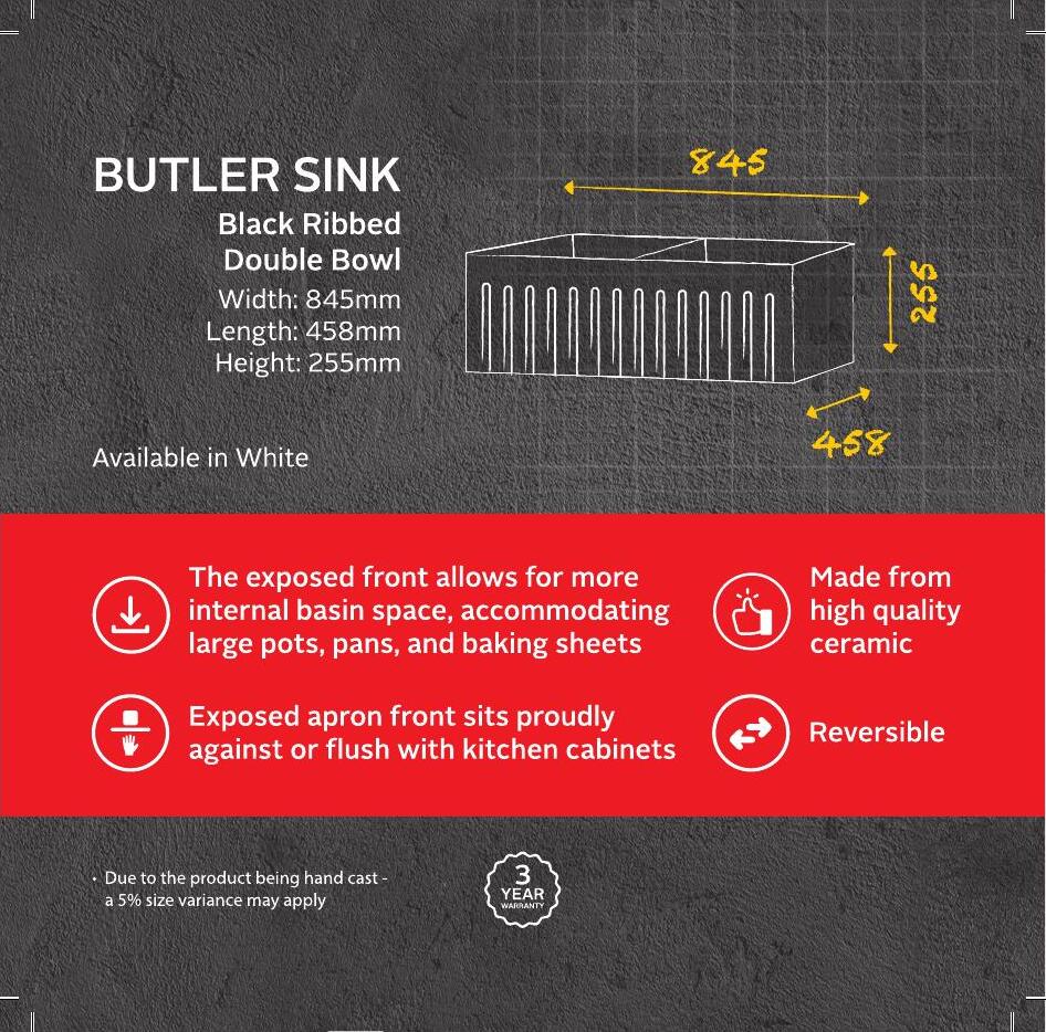 BUTLER SINK — FTKS1005 — Butler Sink, Black Ribbed Double Bowl