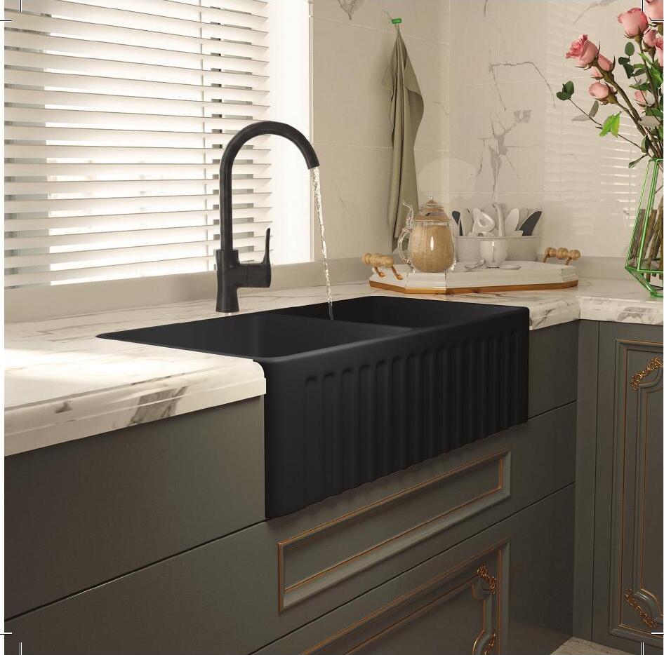 BUTLER SINK — FTKS1005 — Butler Sink, Black Ribbed Double Bowl