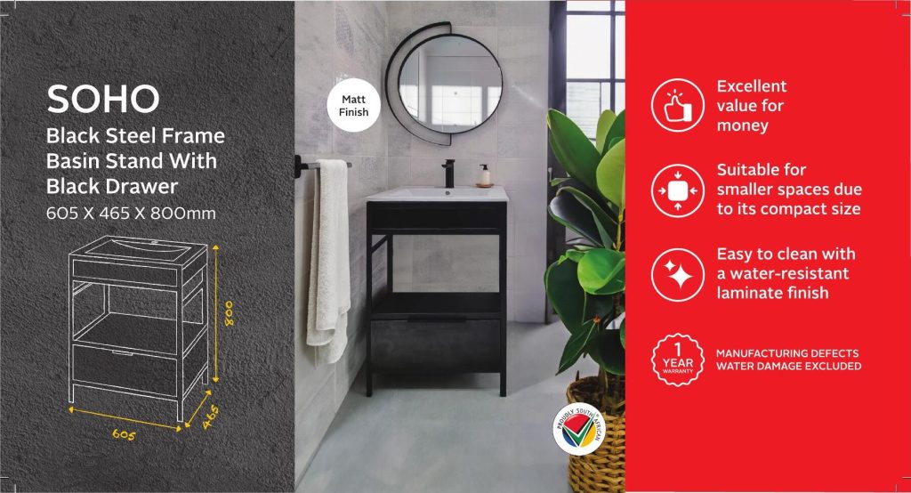PDA0000957 — Soho Black Steel Frame Basin Stand with Black Drawer